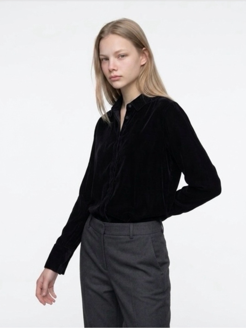 Treasure & Bond Black Velvet Button Up Shirt Medium 90s Minimalist Y2K Collared